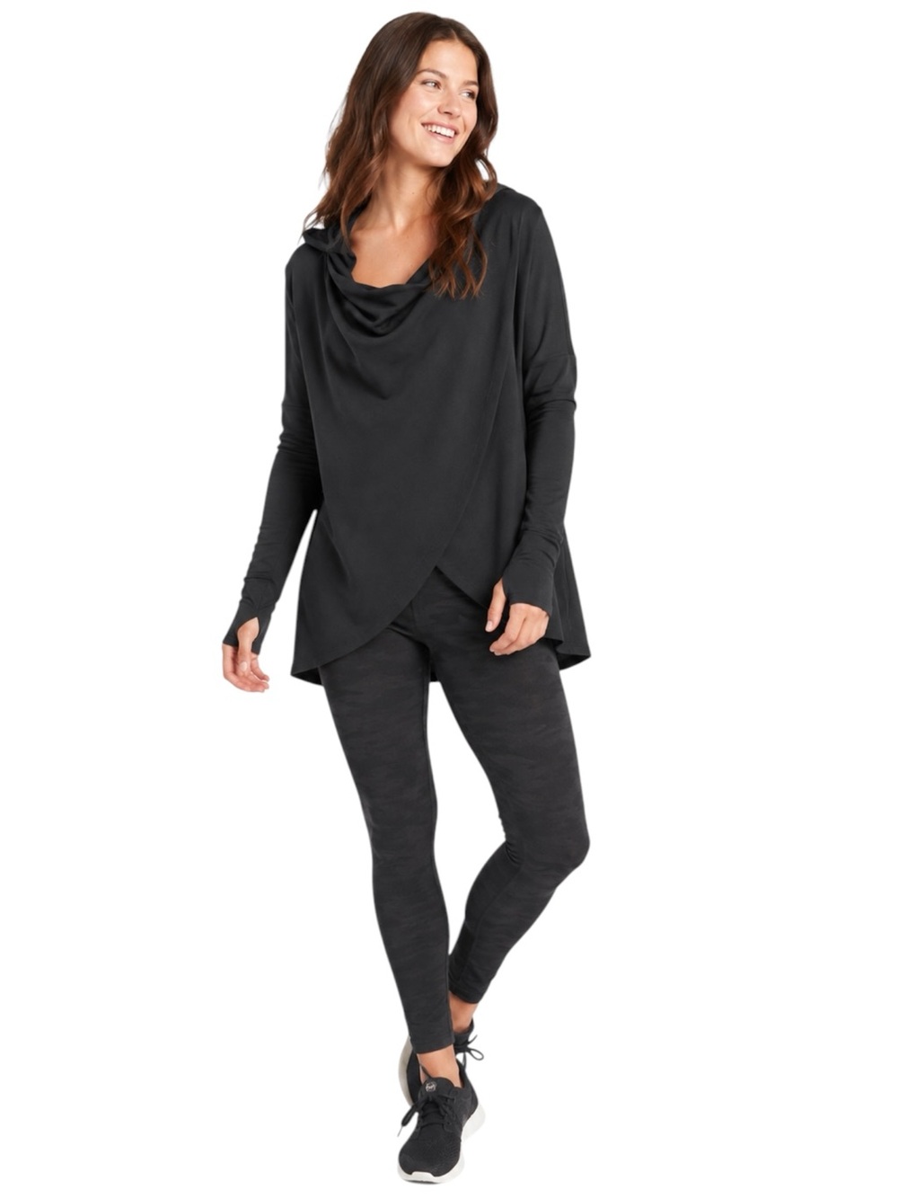 Athleta Purana Wrap Sweatshirt Hoodie Black Modal Thumbhole Pockets M